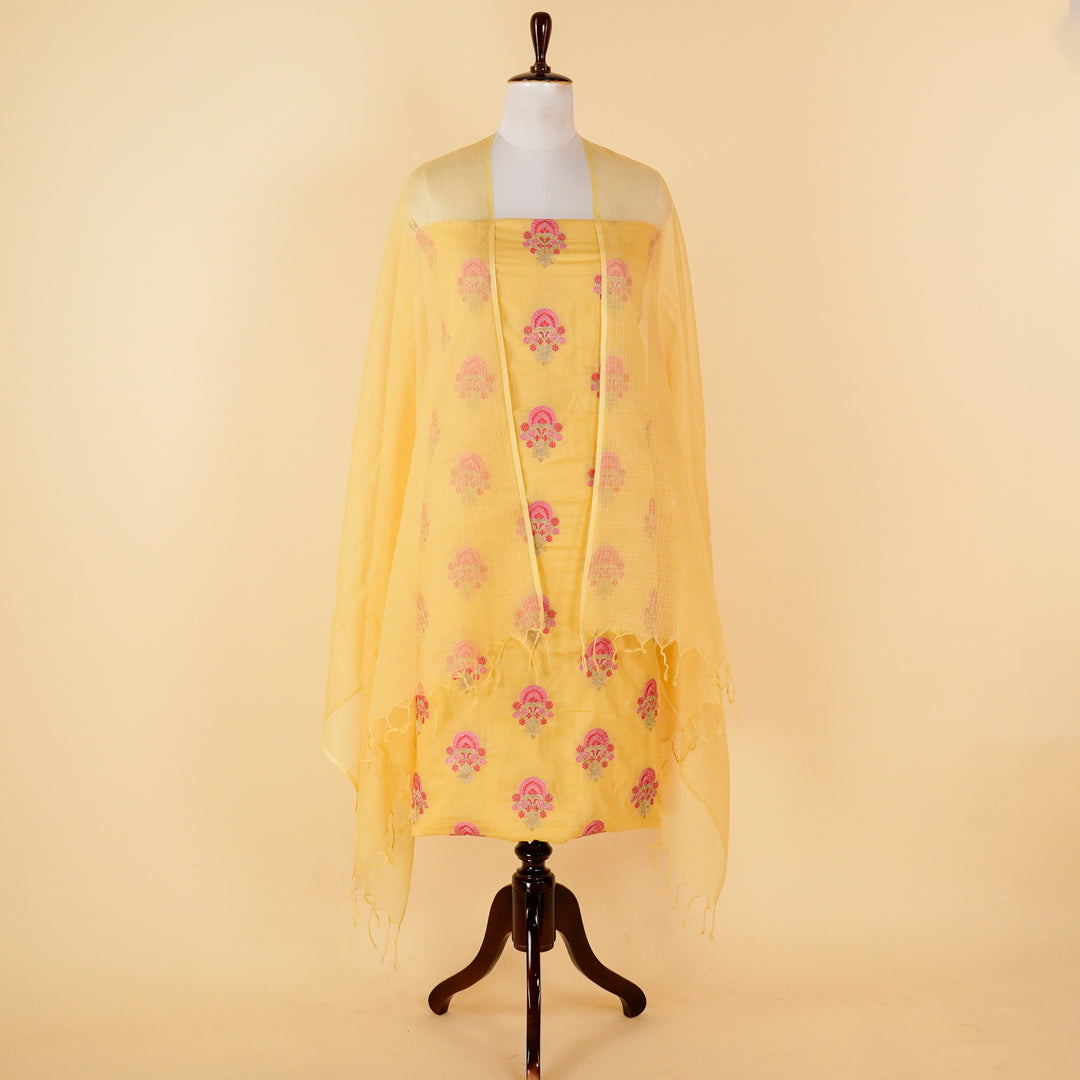 Firoza Buta Suit fabric set on Malmal (Unstitched)- Lemon