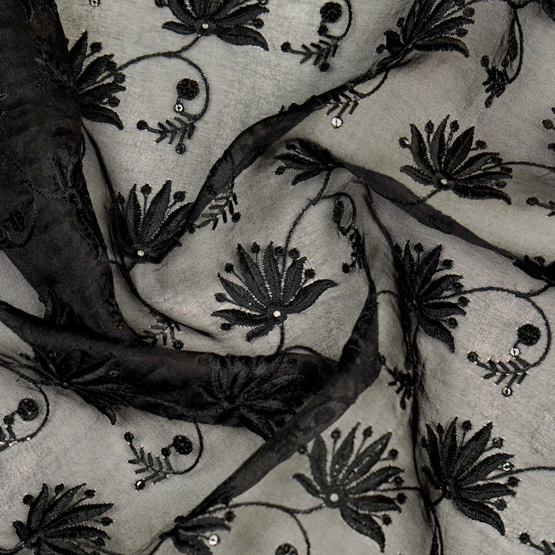 Kaaya Jaal on Black Silk Organza Embroidered Fabric