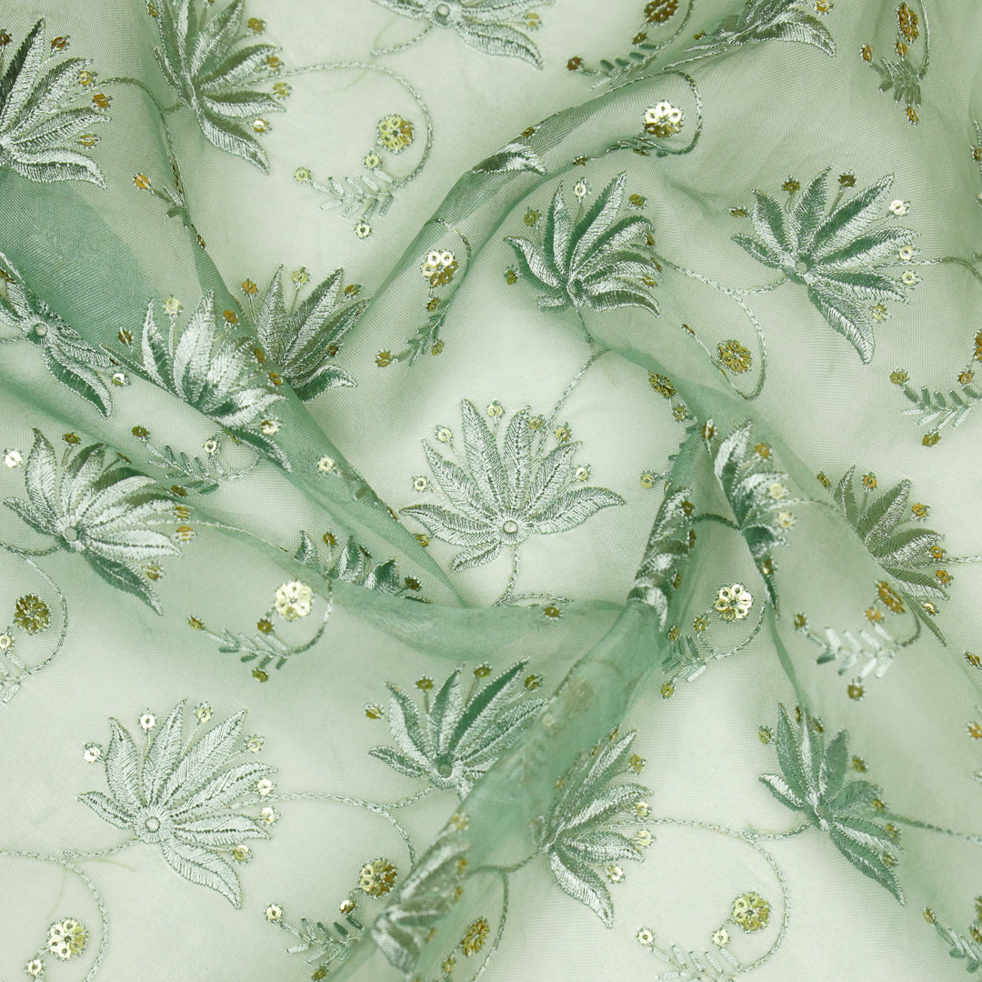 Kaaya Jaal on Sea Green Silk Organza Embroidered Fabric