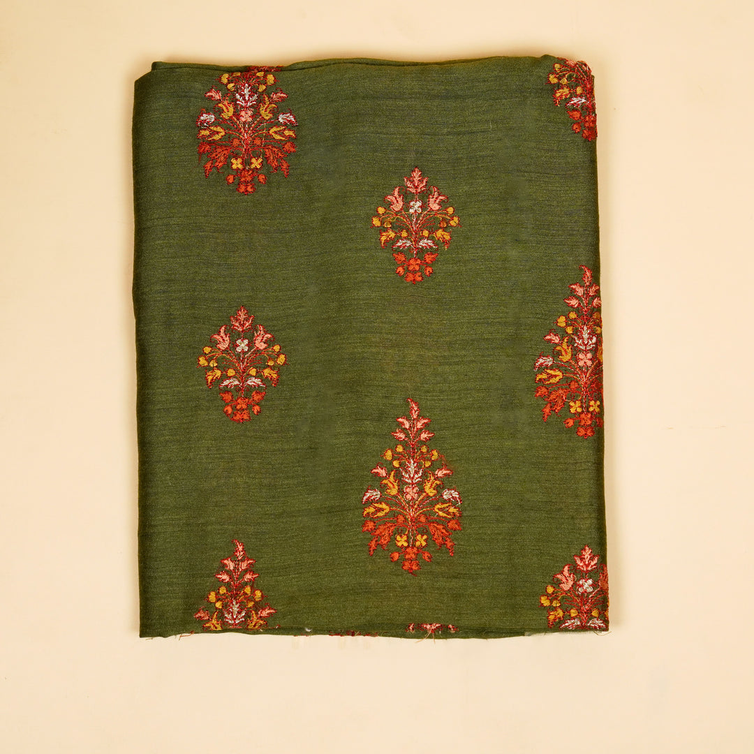Siza Buta Suit Fabric Set On Munga Silk (Unstitched)- Dark Olive Green