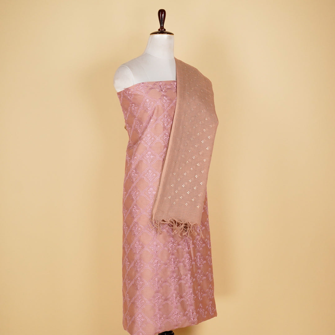 Mughal Arches Buta Suit fabric set on Silk Chanderi (Unstitched)- Blush