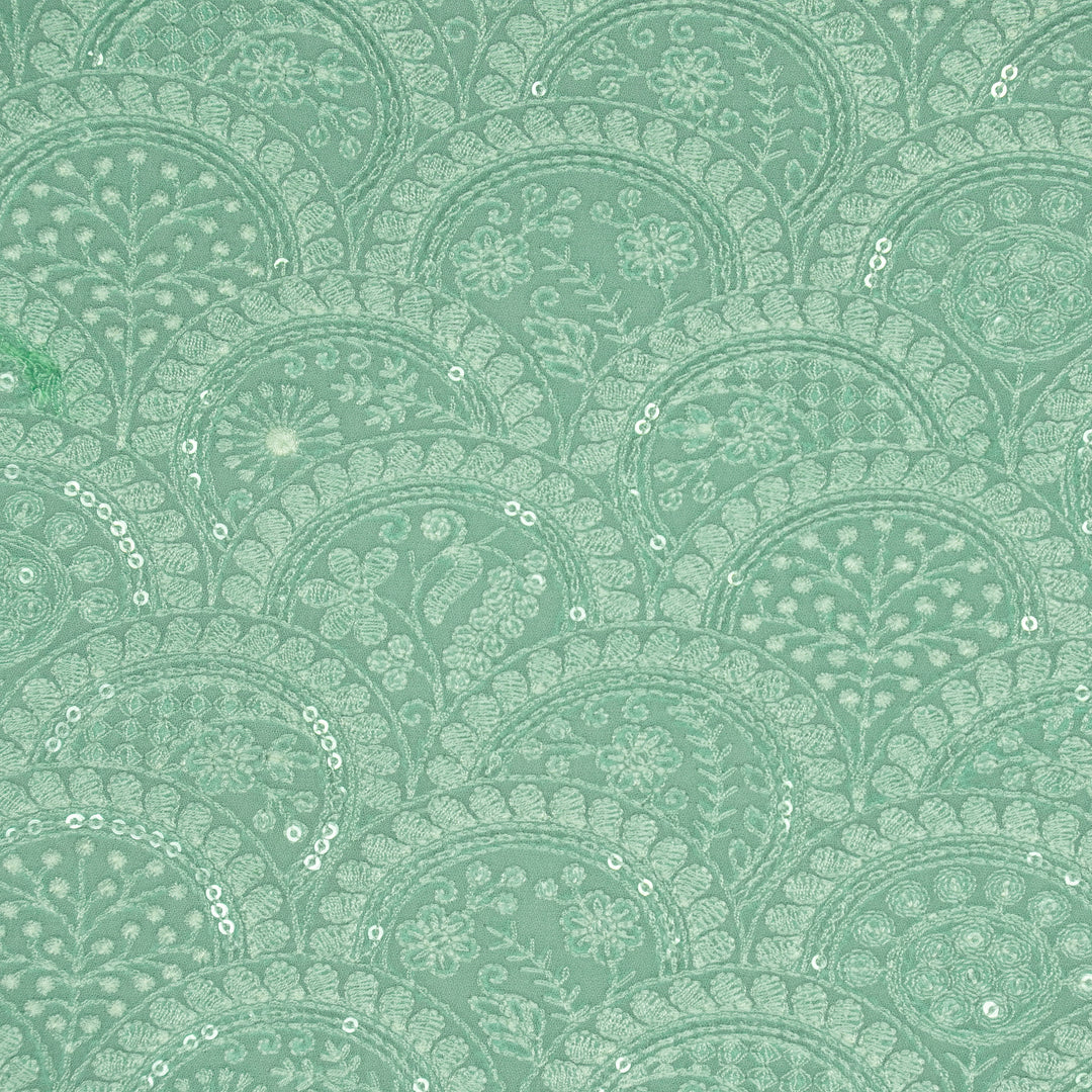 Floral Chikankari Style Arches On Aqua Green Georgette