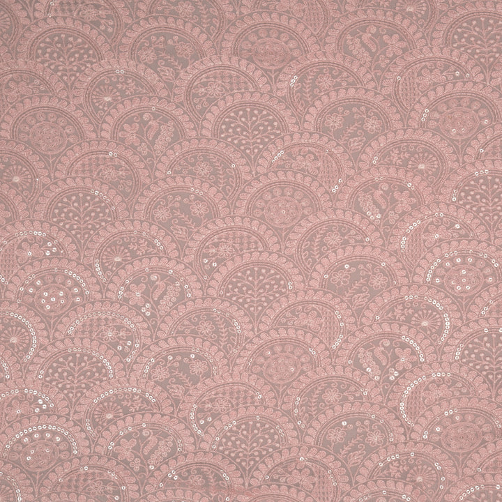 Floral Chikankari Style Arches On Pink Semi Georgette mbroidered Fabric