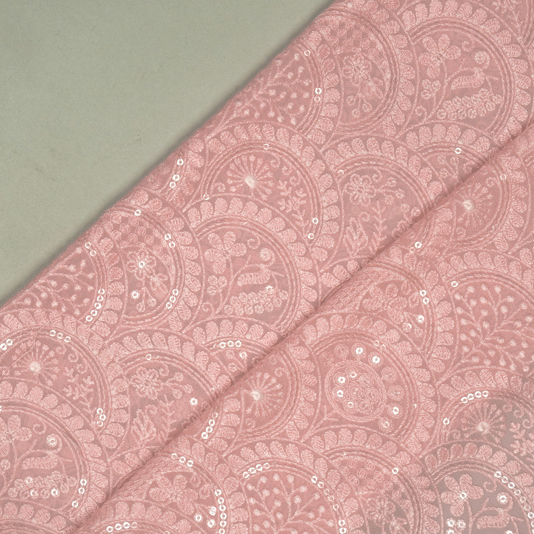 Floral Chikankari Style Arches On Pink Georgette