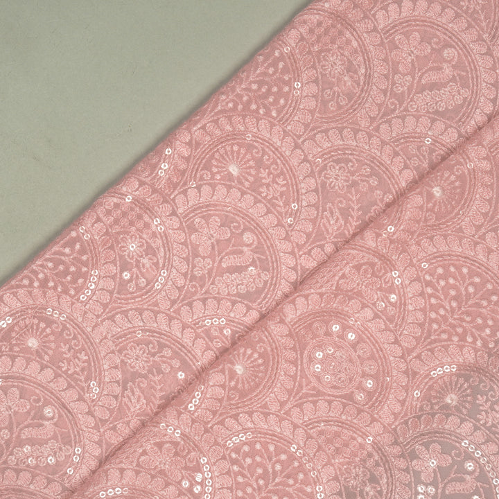 Floral Chikankari Style Arches On Pink Semi Georgette mbroidered Fabric