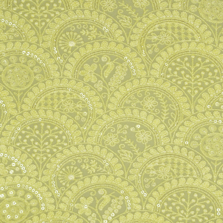 Floral Chikankari Style Arches On Lemon Semi Georgette mbroidered Fabric