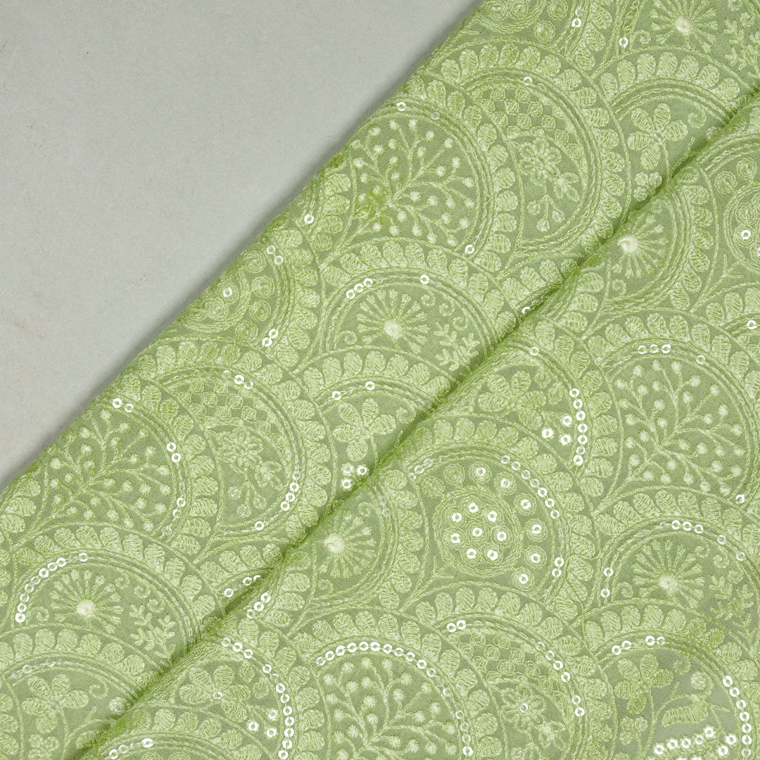 Floral Chikankari Style Arches On Sea GreenSemi Georgette mbroidered Fabric