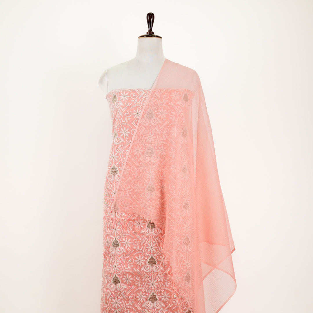 Chikankari Style Jaal  Suit fabric Set on Munga Kota (Unstitched)- Light Gajari