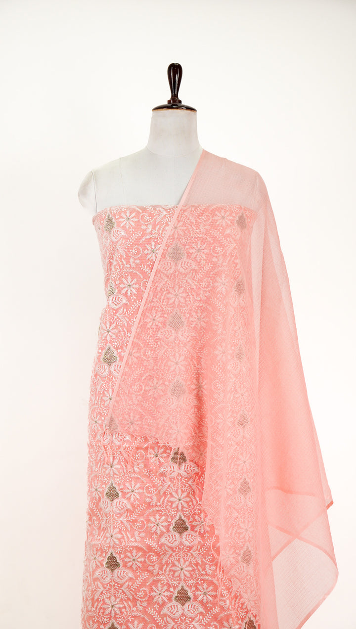 Chikankari Style Jaal  Suit fabric Set on Munga Kota (Unstitched)- Light Gajari