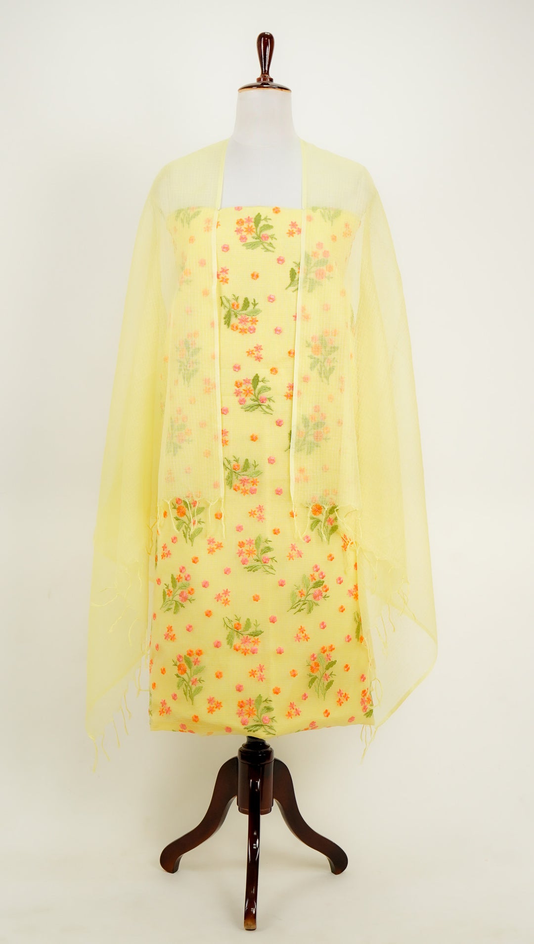 Nainika Buta Suit fabric set on Semi Munga Kota (Unstitched)- Lemon