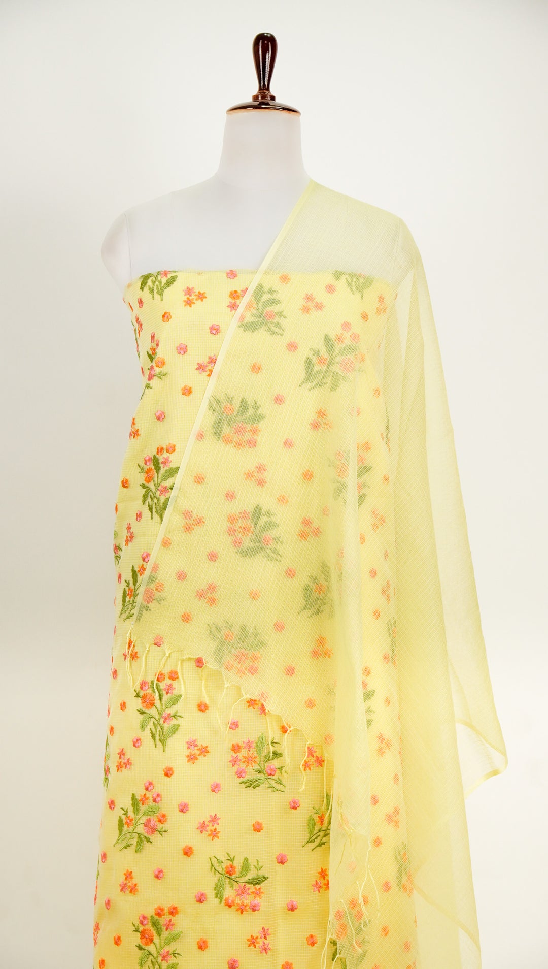 Nainika Buta Suit fabric set on Semi Munga Kota (Unstitched)- Lemon