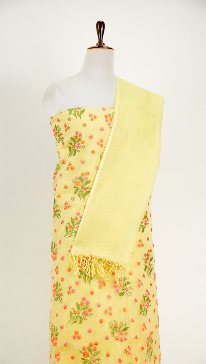 Nainika Buta Suit fabric set on Semi Munga Kota (Unstitched)- Lemon