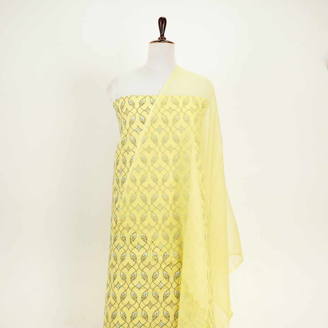 Keisha Jaal Suit fabric Set on Malmal (Unstitched)- Lemon