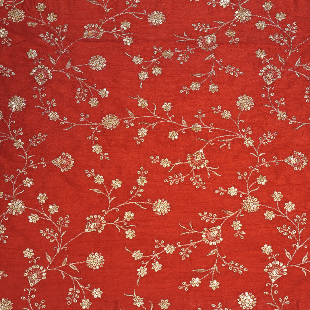 Floral Crown Jaal of Zari with Sequin Touch on Red Semi Raw Silk