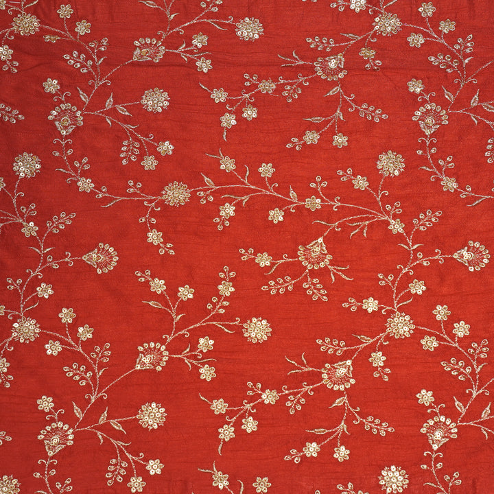 Floral Crown Jaal of Zari with Sequin Touch on Red Semi Raw Silk