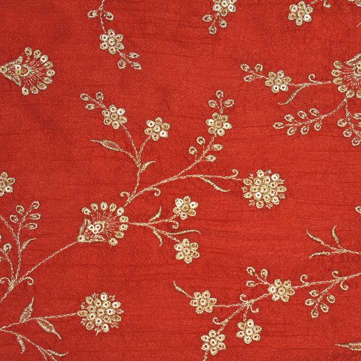 Floral Crown Jaal of Zari with Sequin Touch on Red Semi Raw Silk
