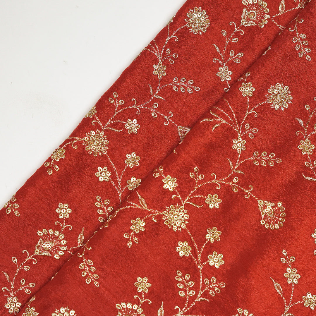 Floral Crown Jaal of Zari with Sequin Touch on Red Semi Raw Silk