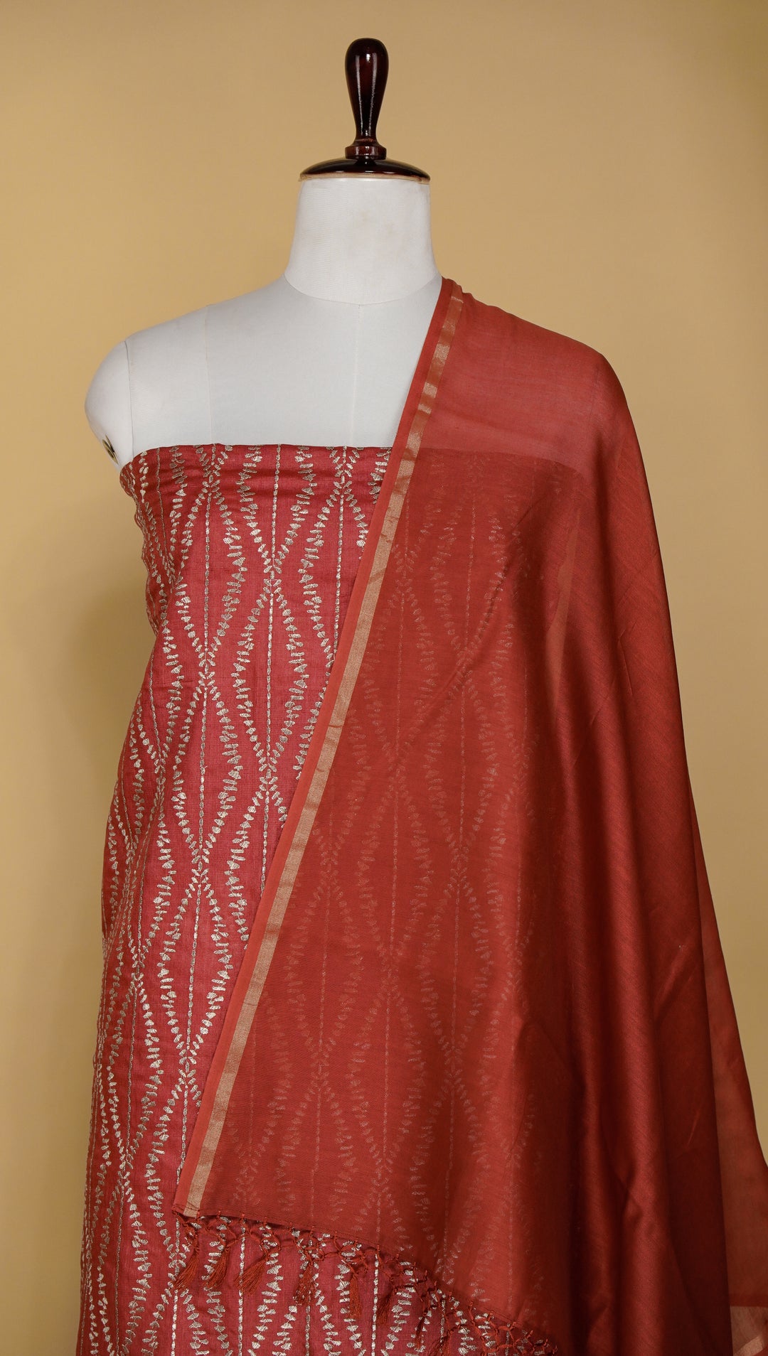 Sofina Jaal Suit fabric Set on Tussar Silk (Unstitched)- Maroon