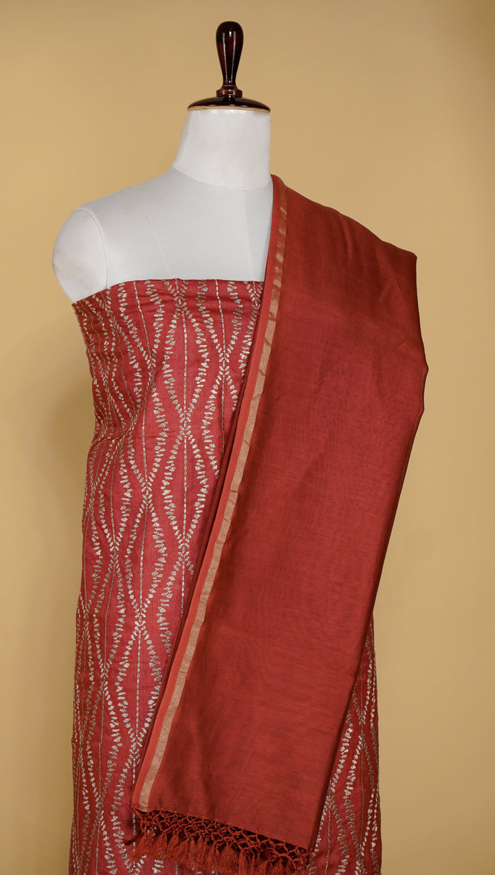Sofina Jaal Suit fabric Set on Tussar Silk (Unstitched)- Maroon
