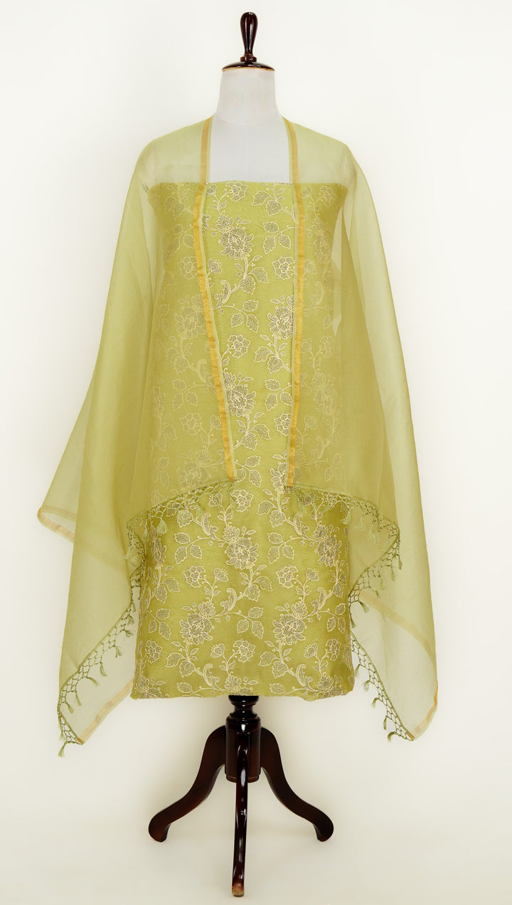 Aanwika Jaal Suit fabric Set on Silk Organza (Unstitched)- Light Olive