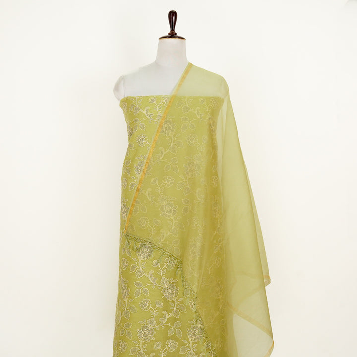 Aanwika Jaal Suit fabric Set on Silk Organza (Unstitched)- Light Olive