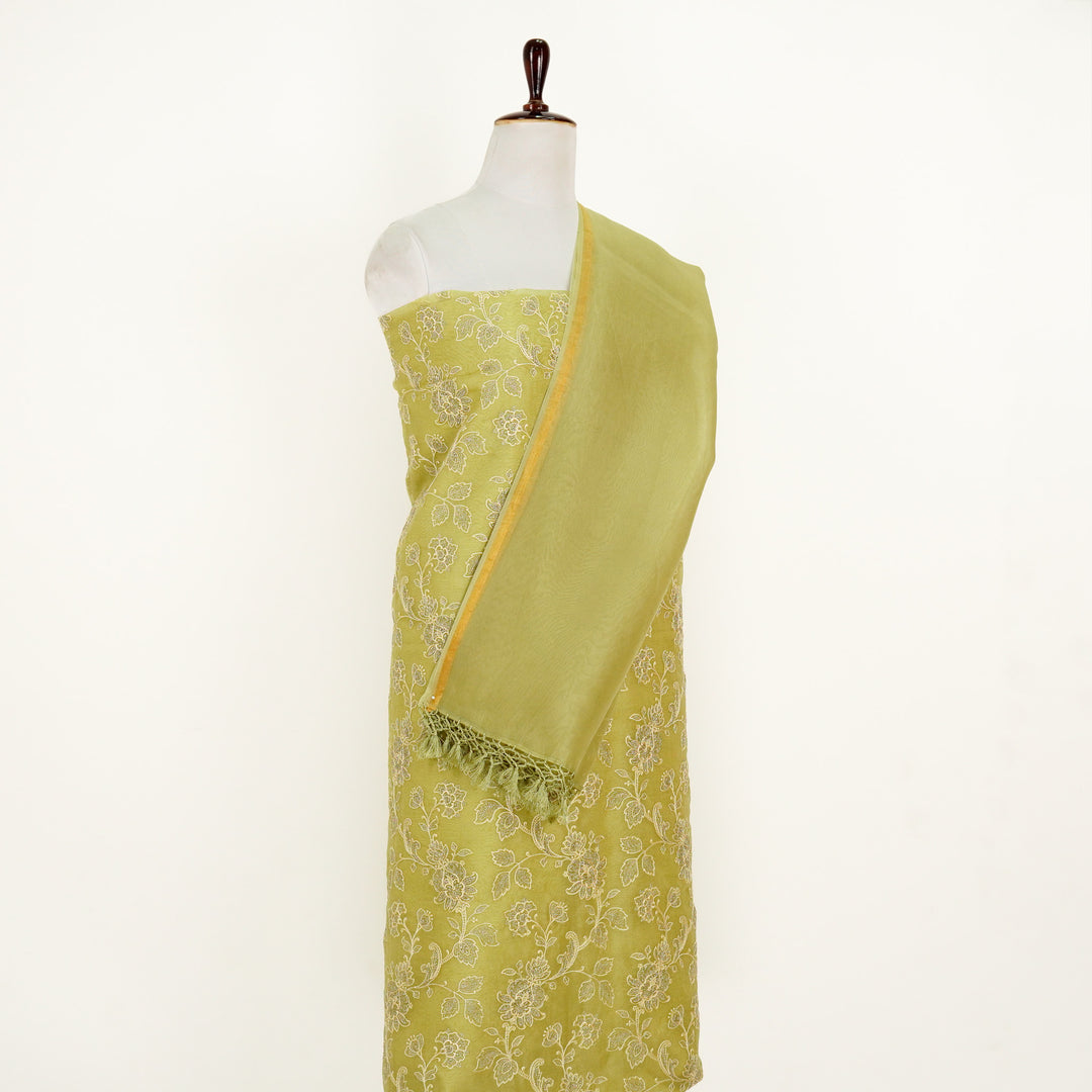 Aanwika Jaal Suit fabric Set on Silk Organza (Unstitched)- Light Olive