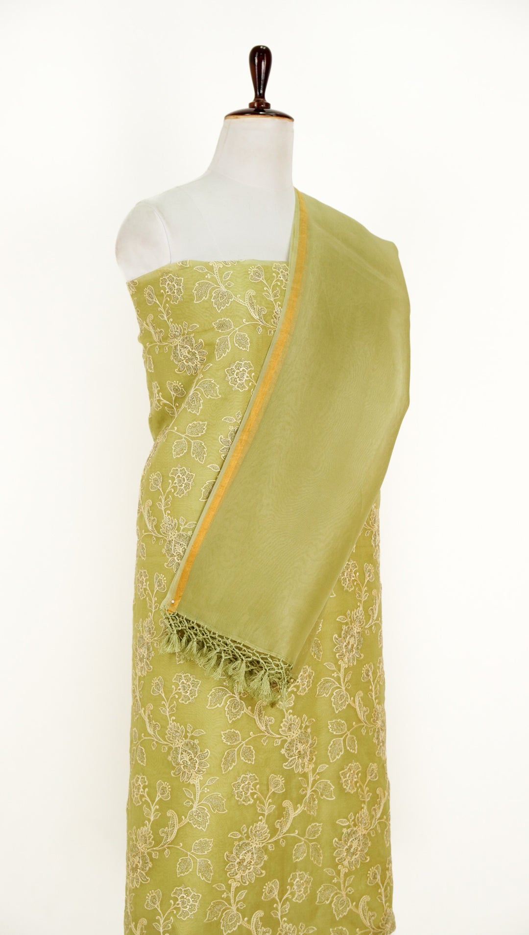 Aanwika Jaal Suit fabric Set on Silk Organza (Unstitched)- Light Olive