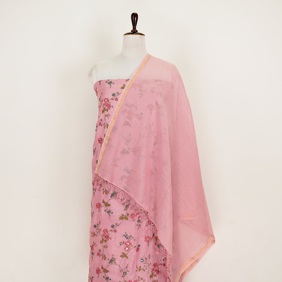 Mridali Jaal Suit Fabric Set on Tussar Silk(Unstitched)- Pink