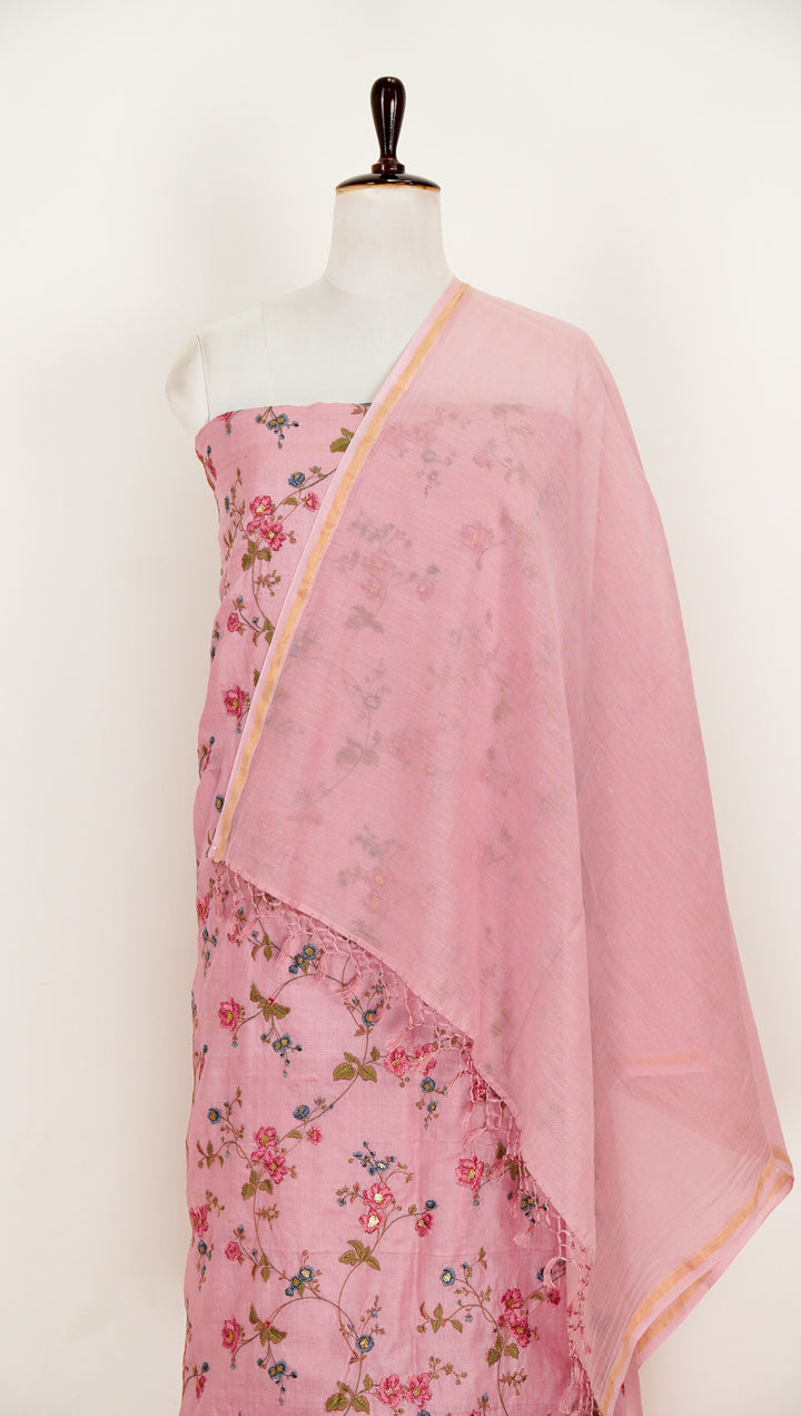 Mridali Jaal Suit Fabric Set on Tussar Silk(Unstitched)- Pink