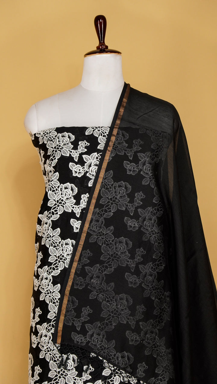 Manasvi Jaal Suit fabric Set on Silk Chanderi (Unstitched)- Black