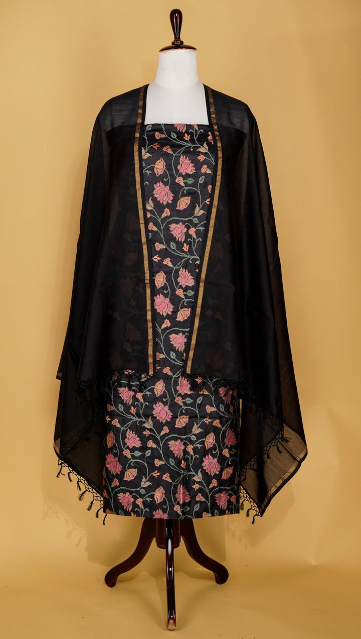 Salena Jaal Suit fabric Set on Tussar Silk (Unstitched)- Black