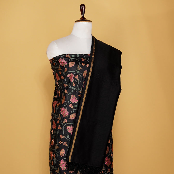 Salena Jaal Suit fabric Set on Tussar Silk (Unstitched)- Black