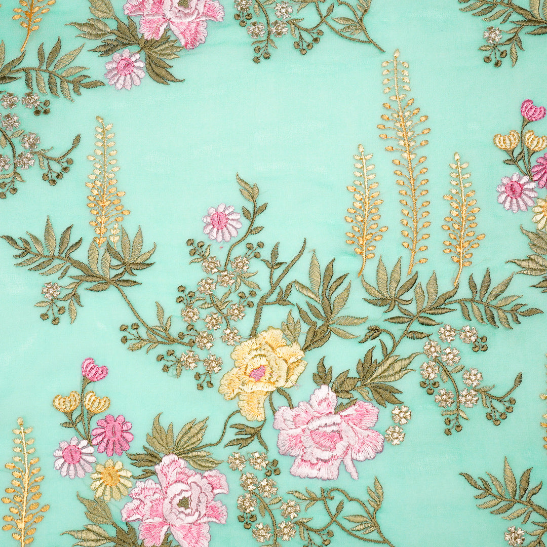 Suhana Parsi Jaal On Turquoise Semi Georgette Embroidered