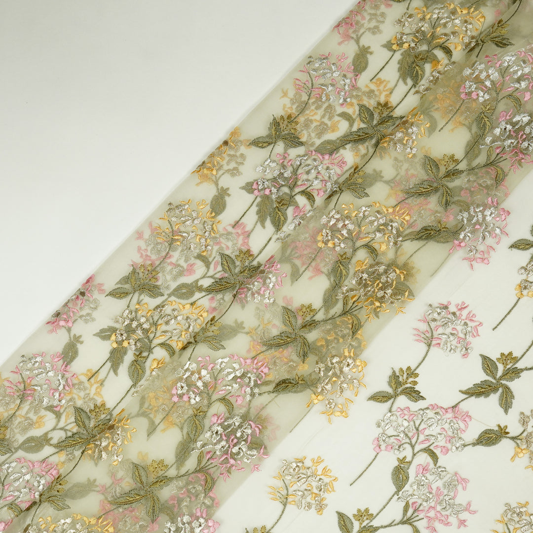 Shafaq Jaal on Light Lemon Imported Silk Organza Embroidered Fabric