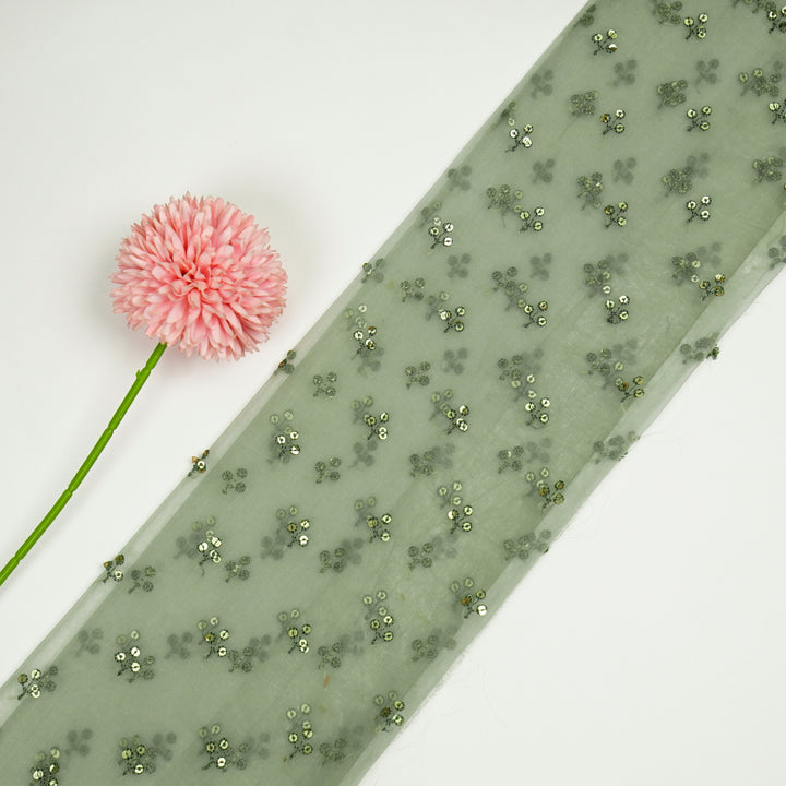 Sunheri Buti on Moss Green Silk Organza Embroidered Fabric