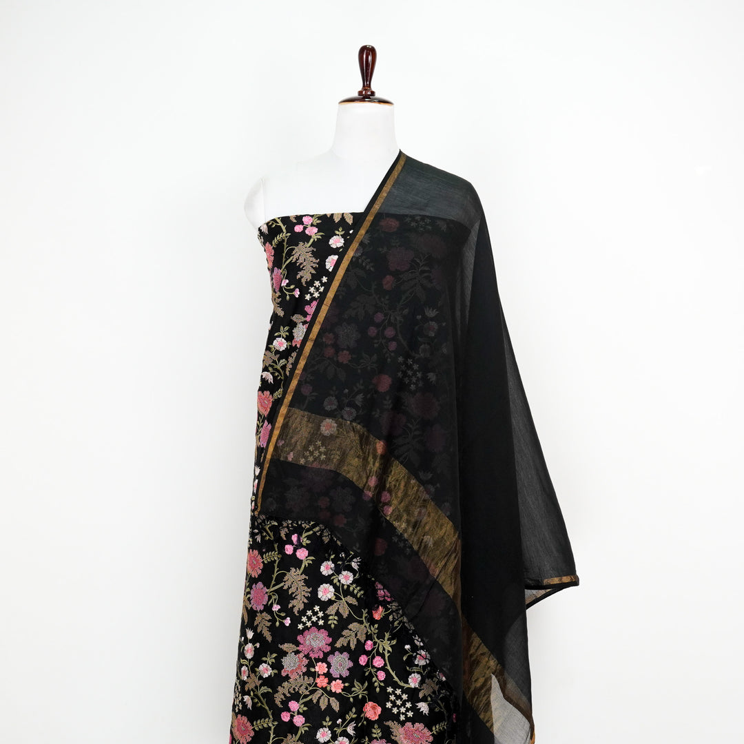 Farah Jaal Suit fabric Set on Silk Chanderi (Unstitched)- Black