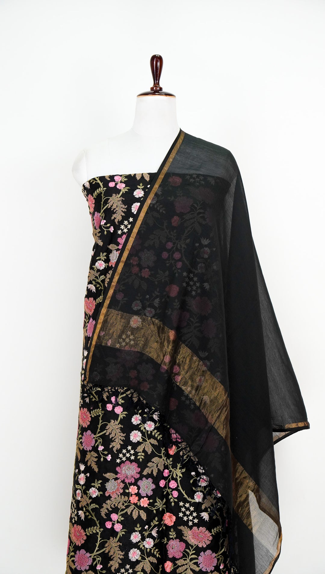 Farah Jaal Suit fabric Set on Silk Chanderi (Unstitched)- Black