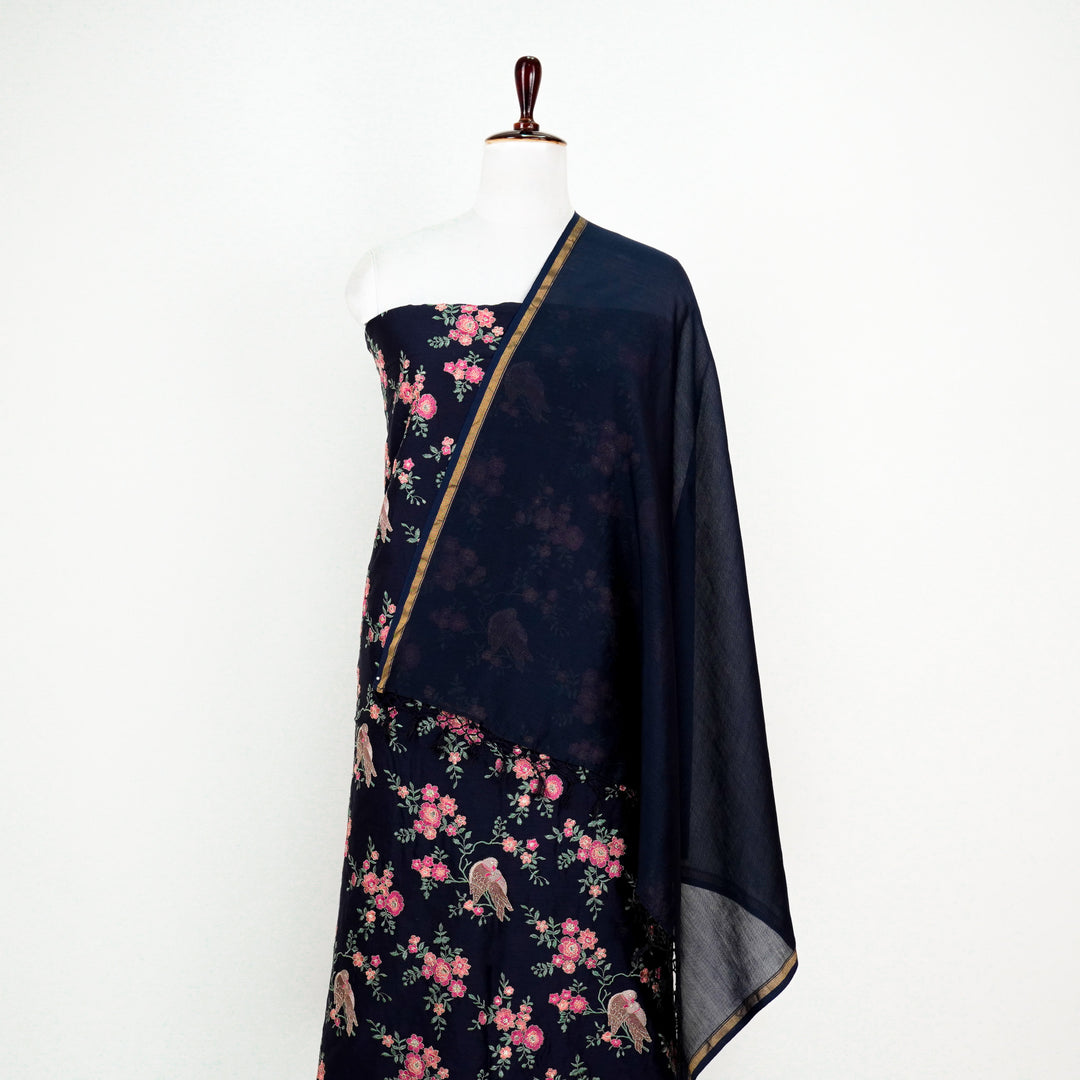 Eva Bird Jaal Suit fabric Set on Silk Chanderi (Unstitched)- Navy Blue