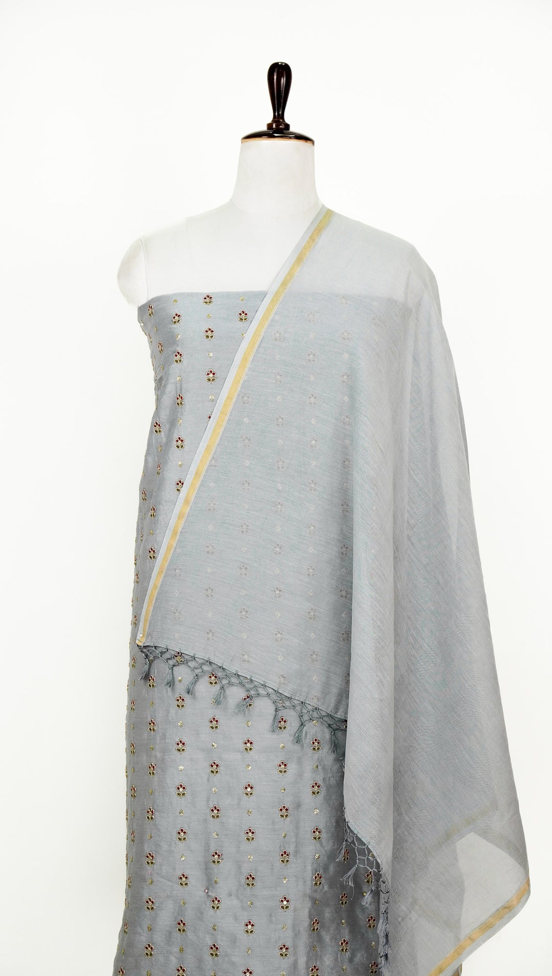 Mridula Buti Suit fabric Set on Silk Chanderi (Unstitched)-  Grey