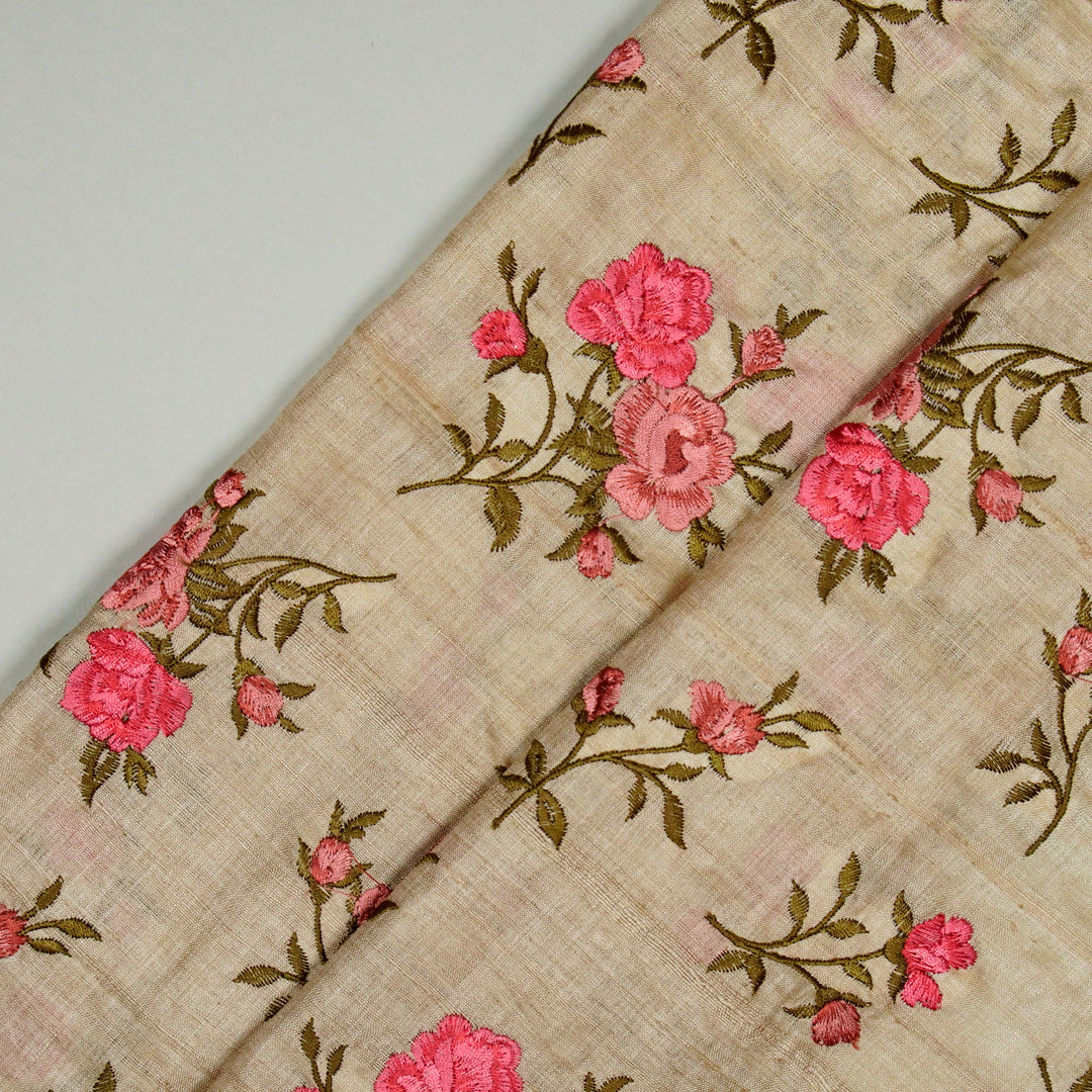 Floral Buta in dense setting On Natural/Pink Tussar Silk