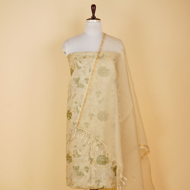 Meer Jaal Suit fabric set on Tussar Silk (Unstitched)-  Olive