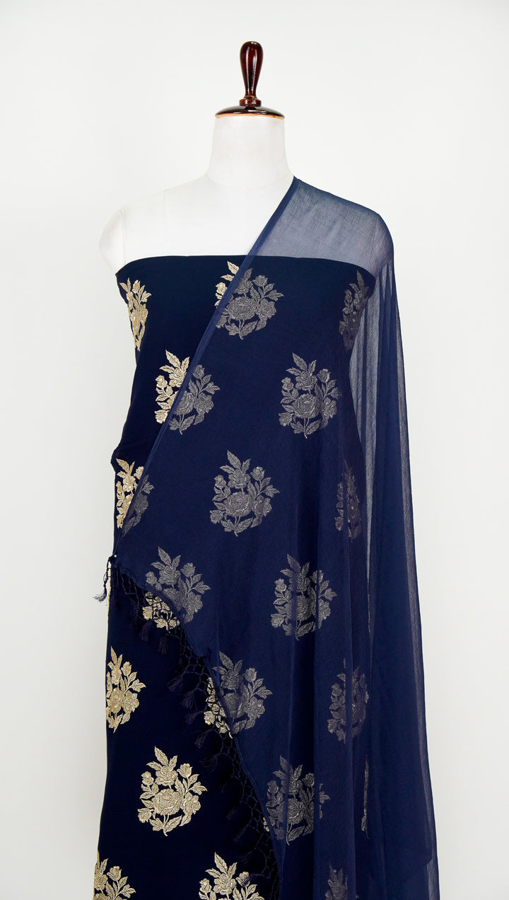 Roja Zari Buta  Suit fabric Set on  Semi Georgette (Unstitched)- Navy Blue