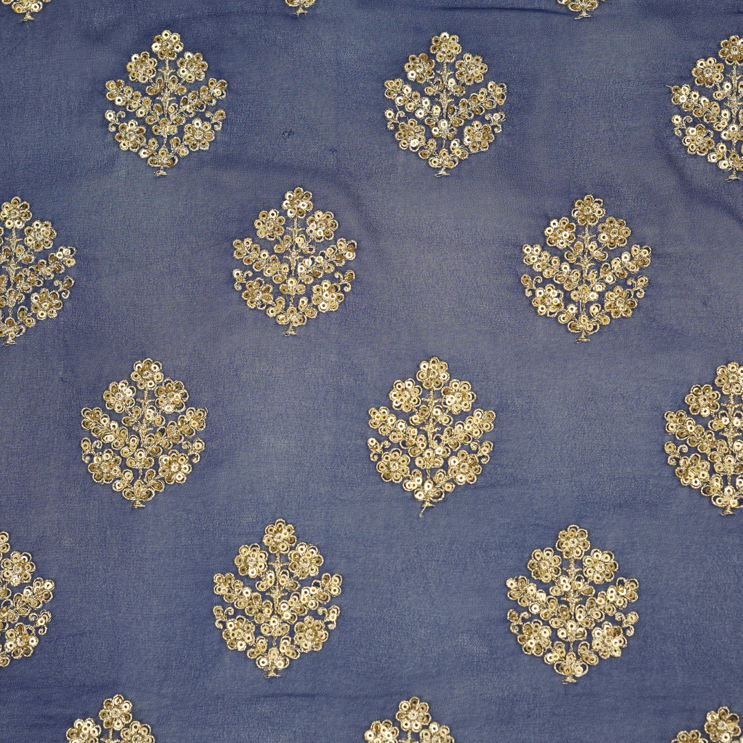 Kiyana Sequins Buta on Persian Blue Semi Georgette Embroidered Fabric