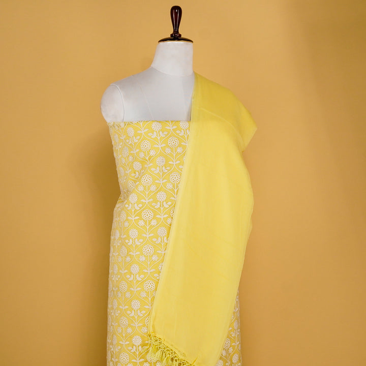 Raavee Jaal Suit fabric set on Munga Kota (Unstitched)- Lemon