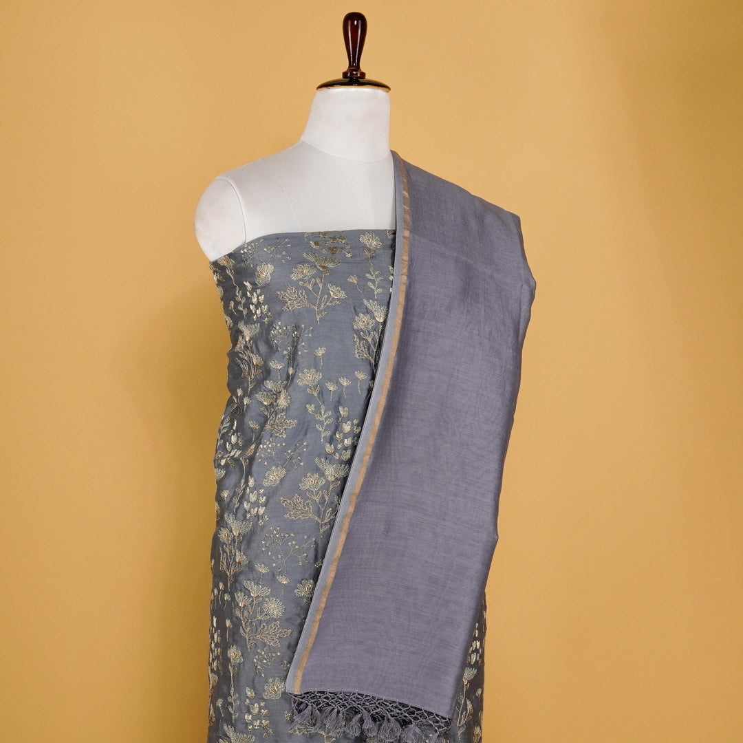 Inaya Jaal Suit fabric Set on Silk Chanderi (Unstitched)- Steel Grey