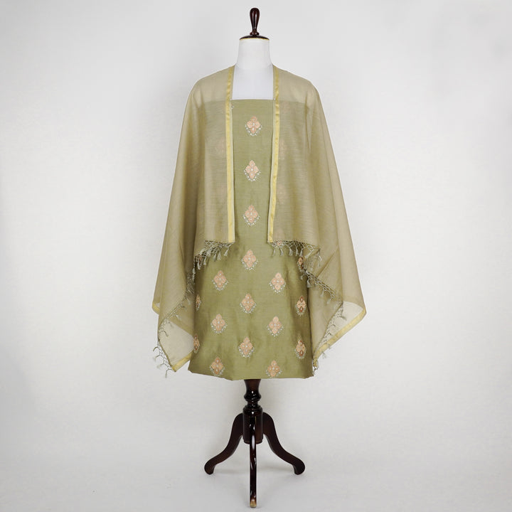 Kiara Buta on Suit fabric Set on Silk Chanderi (Unstitched)- Light Mouse