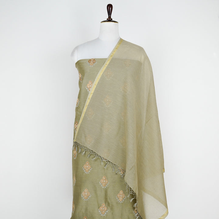 Kiara Buta on Suit fabric Set on Silk Chanderi (Unstitched)- Light Mouse