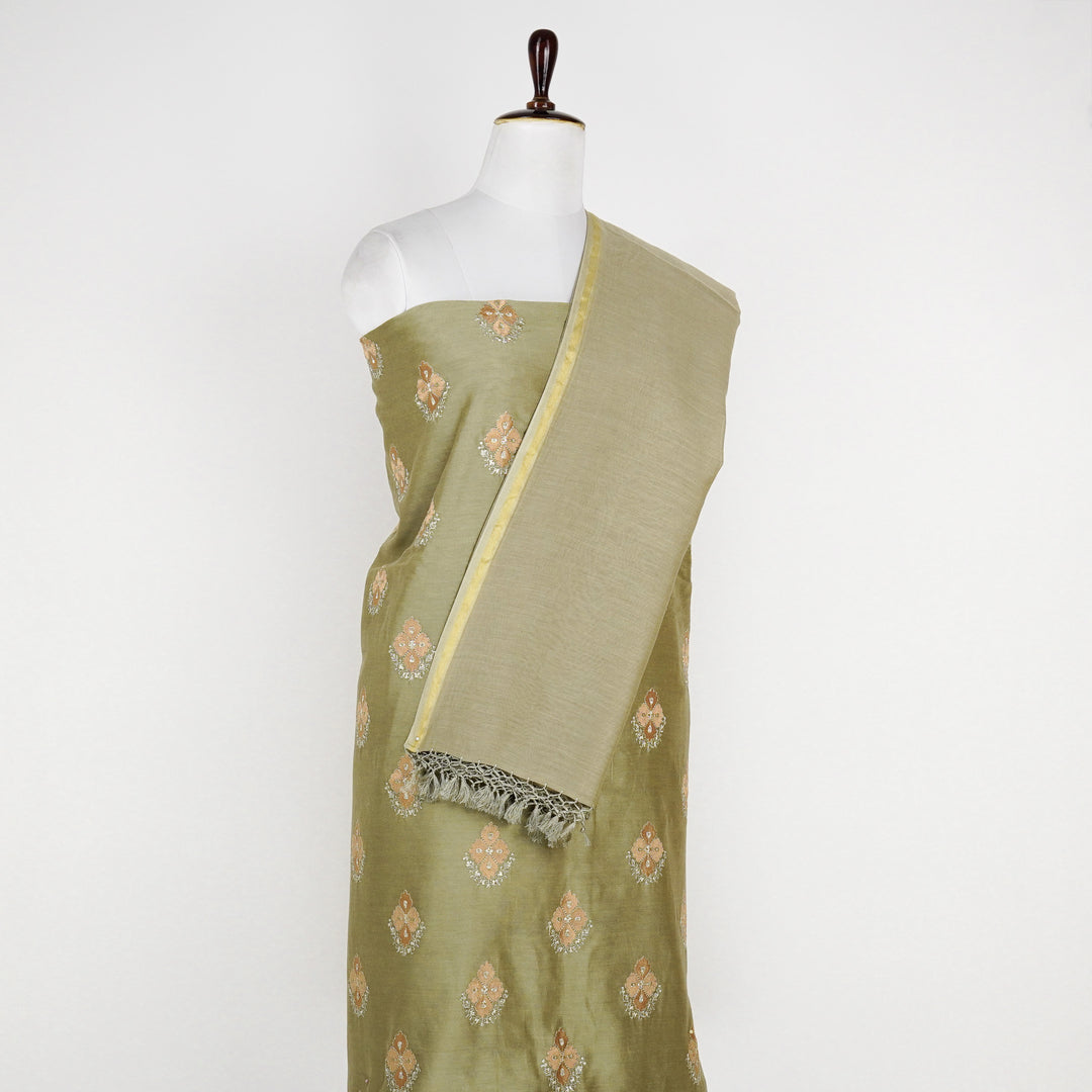 Kiara Buta on Suit fabric Set on Silk Chanderi (Unstitched)- Light Mouse