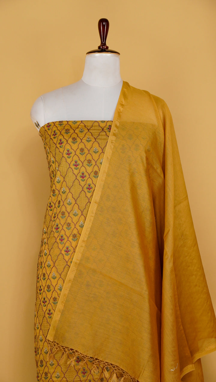 Raghavi Jaal Suit fabric Set on Chinon (Unstitched)- Gold