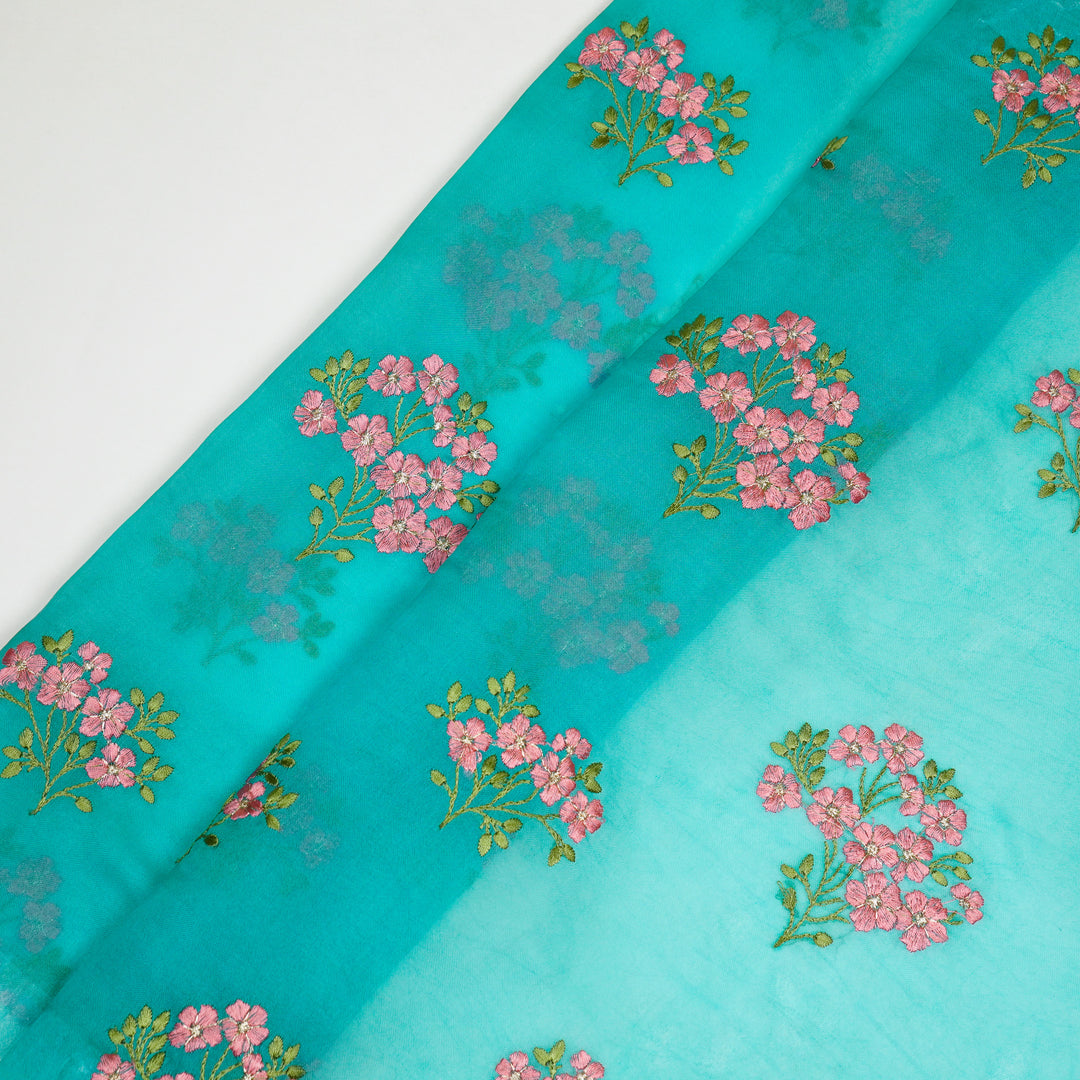 Lamia Buta on Turquoise Imported Silk Organza Embroidered Fabric